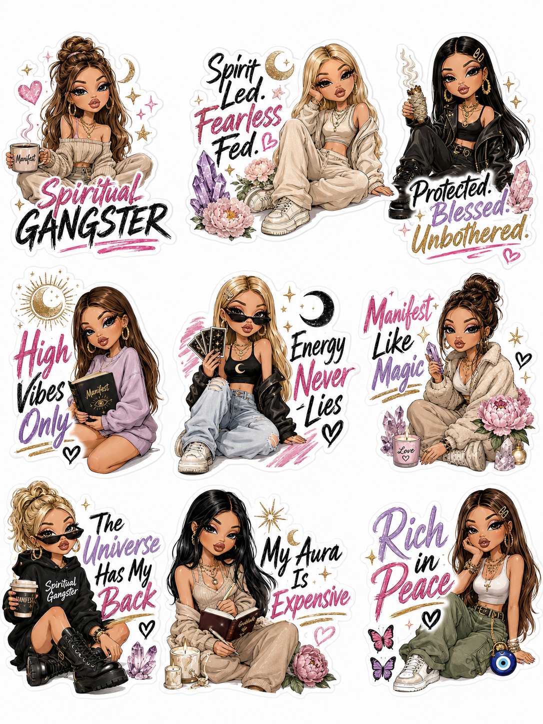Spiritual Gangster Sticker Pack – Manifestation, Self-Love & High Vibes Vinyl Stickers protect your peace. Raise your vibration. Make a statement. ✨